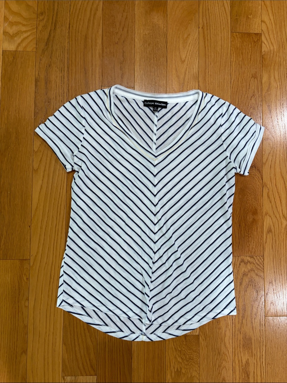 Catherine Malandrino White V-Neck Short Sleeve Tee with Black Stripes